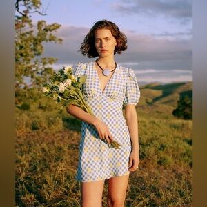 NWT STAUD 90s Daisy Gingham Plaid Puff Short Sleeve Cottage Prairie Mini Dress 8